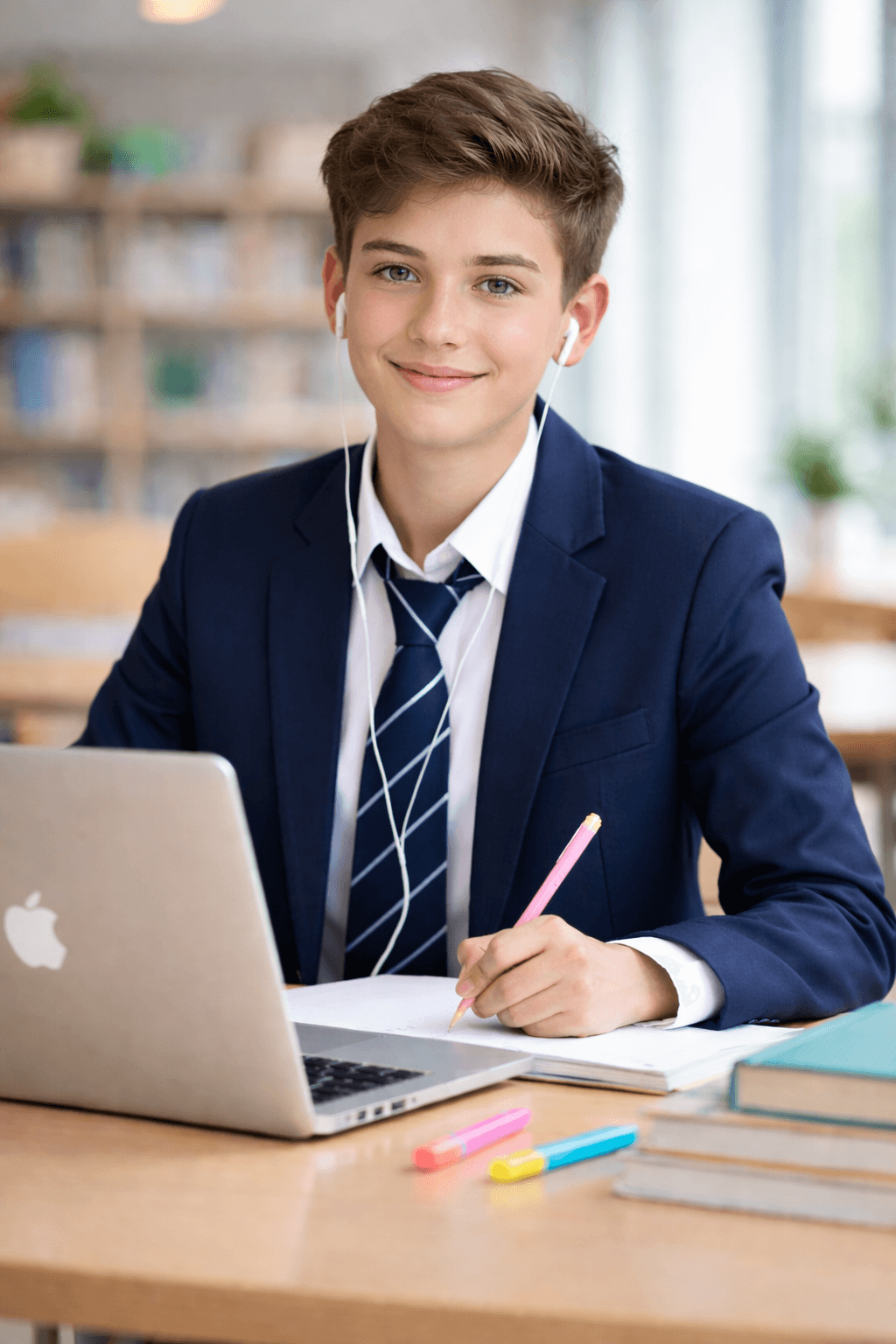 Student studying for HPAT with laptop and books